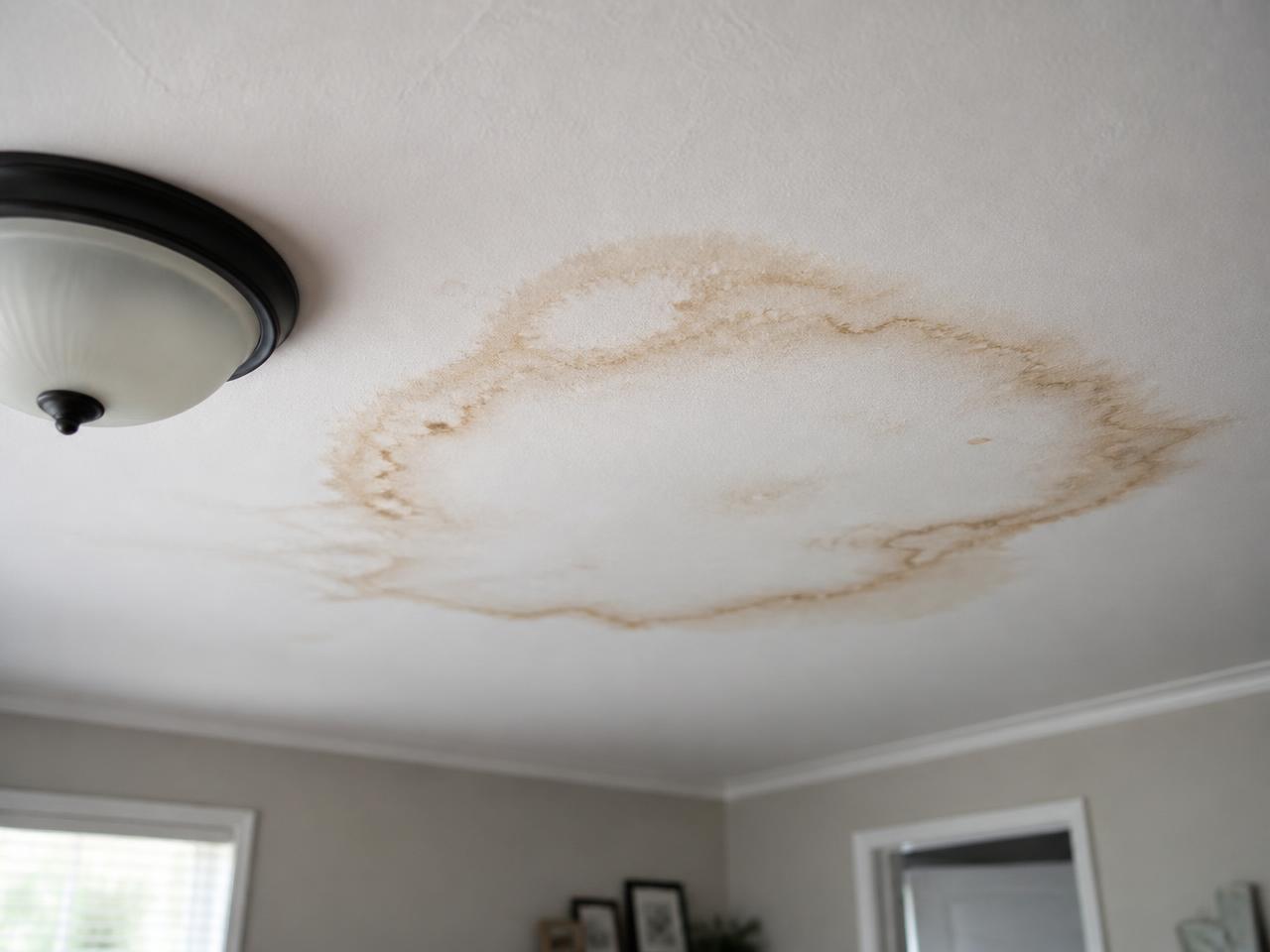 Brown water stain spreading across a white residential ceiling near a flush-mount light fixture