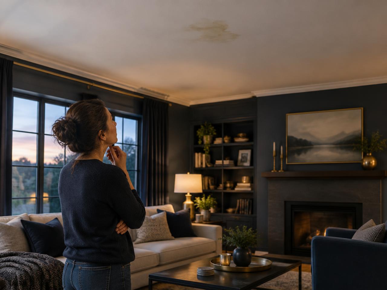 Homeowner in a softly lit living room looking up at a faint water stain on the ceiling