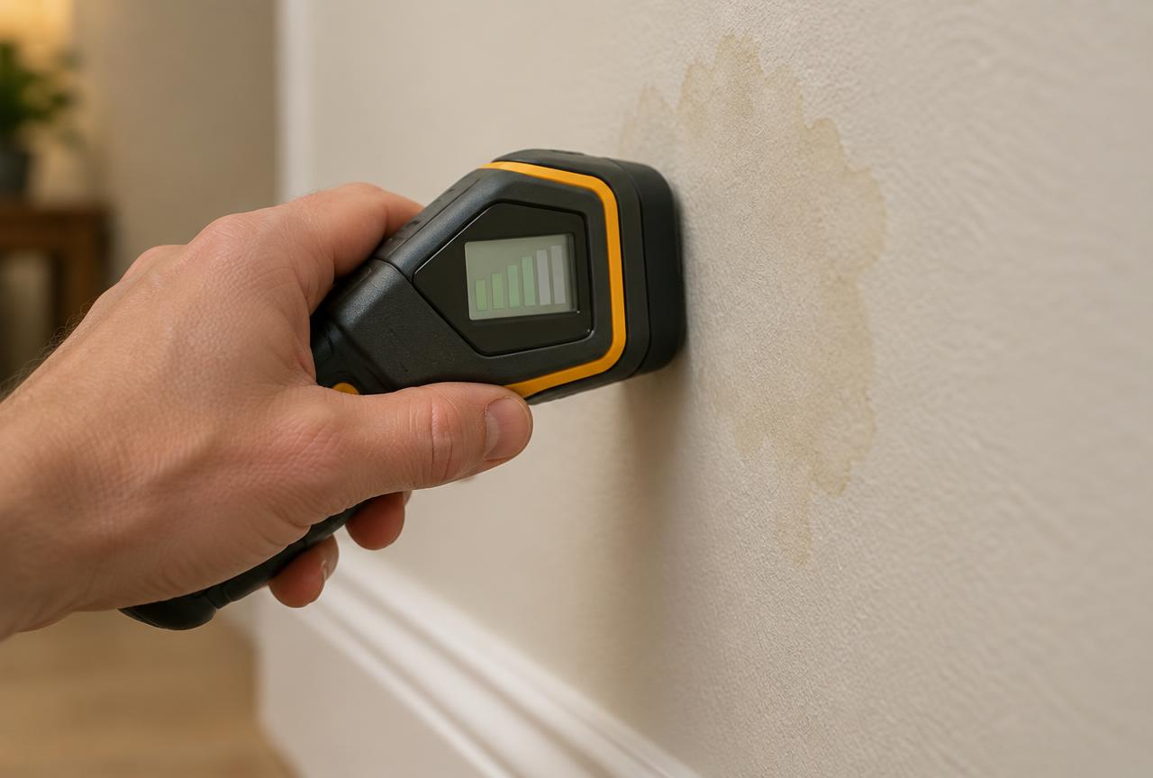 Hand holding a pinless moisture meter flat against drywall beside a faint water stain