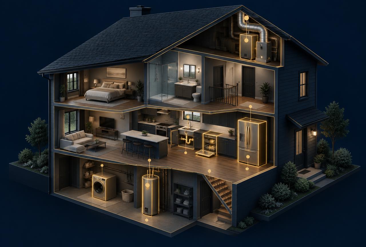 Illustrated house cutaway highlighting the water heater, washing machine, sink plumbing, dishwasher, refrigerator, and HVAC equipment