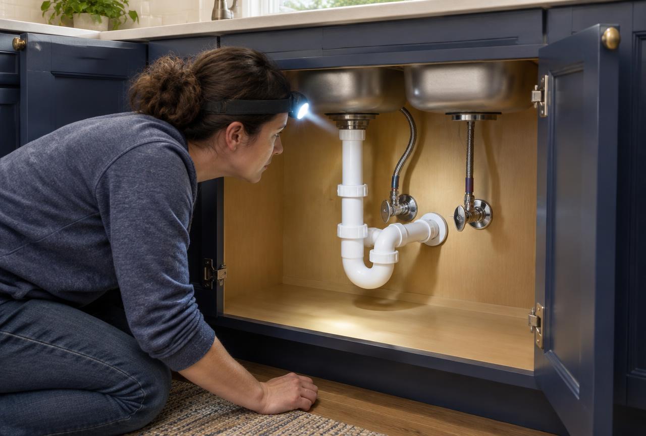 Homeowner wearing a headlamp inspecting supply lines, shutoff valves, and the P-trap under a kitchen sink
